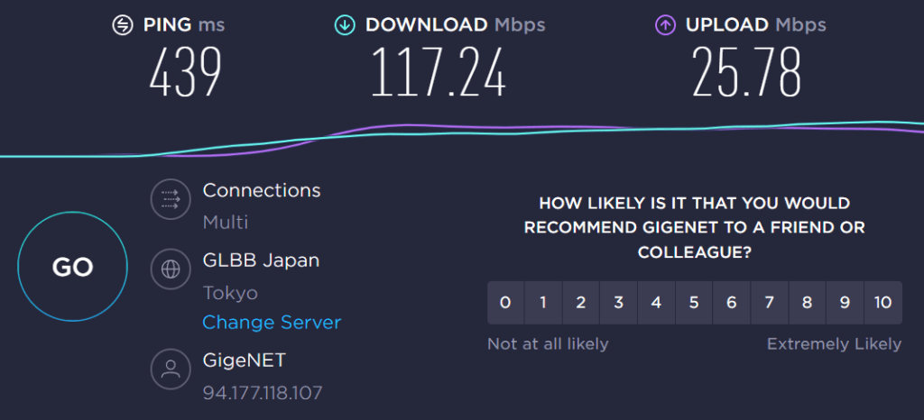 由ExpressVPN美国洛杉矶服务器连接至日本测速服务器